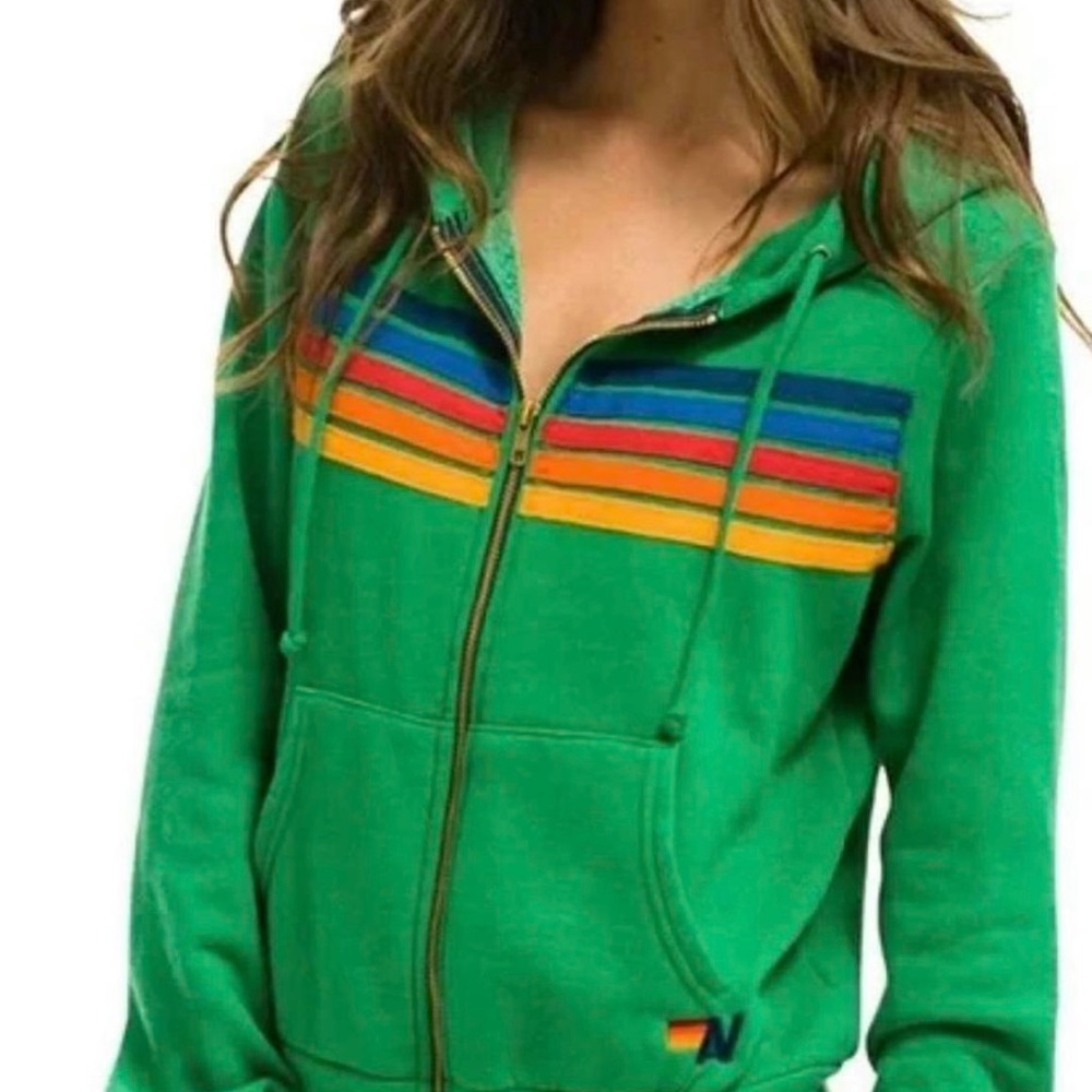Aviator Nation Green Zip Five Stripe Hoodie